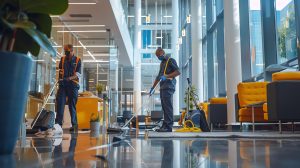 Two cleaners wearing masks and gloves are cleaning an office space. They are using a vacuum cleaner and a mop.