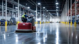 Worker Operating a Floor Scrubber in a Large Warehouse