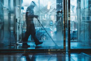 An abstract image of a professional cleaner at work, their figure reflected in a sparkling clean glass door.